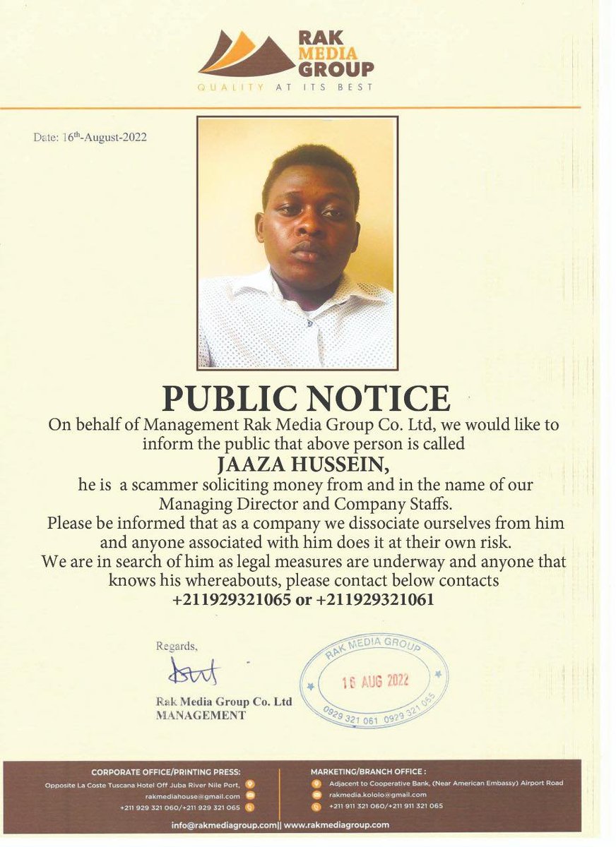 Copied from <a href="/Juba_TV/">Juba TV South Sudan</a> 

This is an advertiser's announcement.