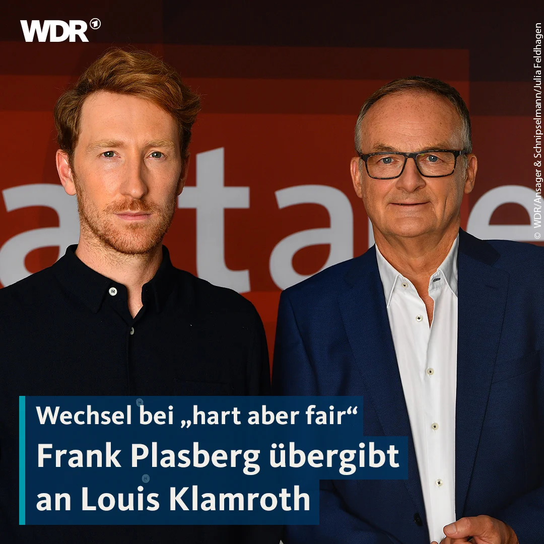 Ein Foto von Louis Klamroth neben Frank Plasberg. Dazu der Text: "Wechsel bei 'hart aber fair'. Frank Plasberg übergibt an Louis Klamroth."