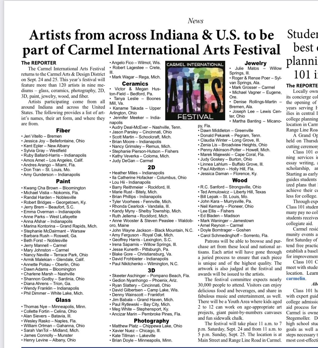 Thank you Hamilton County Reporter.  Check out the 2022 juried artists.  <a href="/WonderWomanAmyP/">Amy Pauszek</a> <a href="/MerchantsBankIN/">Merchants Bank</a> <a href="/JiffyLubeIndy/">Jiffy Lube of Indiana</a> <a href="/NextGearCapital/">NextGear Capital by Cox Automotive</a> <a href="/Turnerwoodart/">Turner Wood Art</a> <a href="/indystar/">IndyStar</a> <a href="/BradOz/">Brad Osborne</a> <a href="/megindy1/">MEG & Associates</a> <a href="/AndersenWindows/">Andersen Windows + Doors</a>