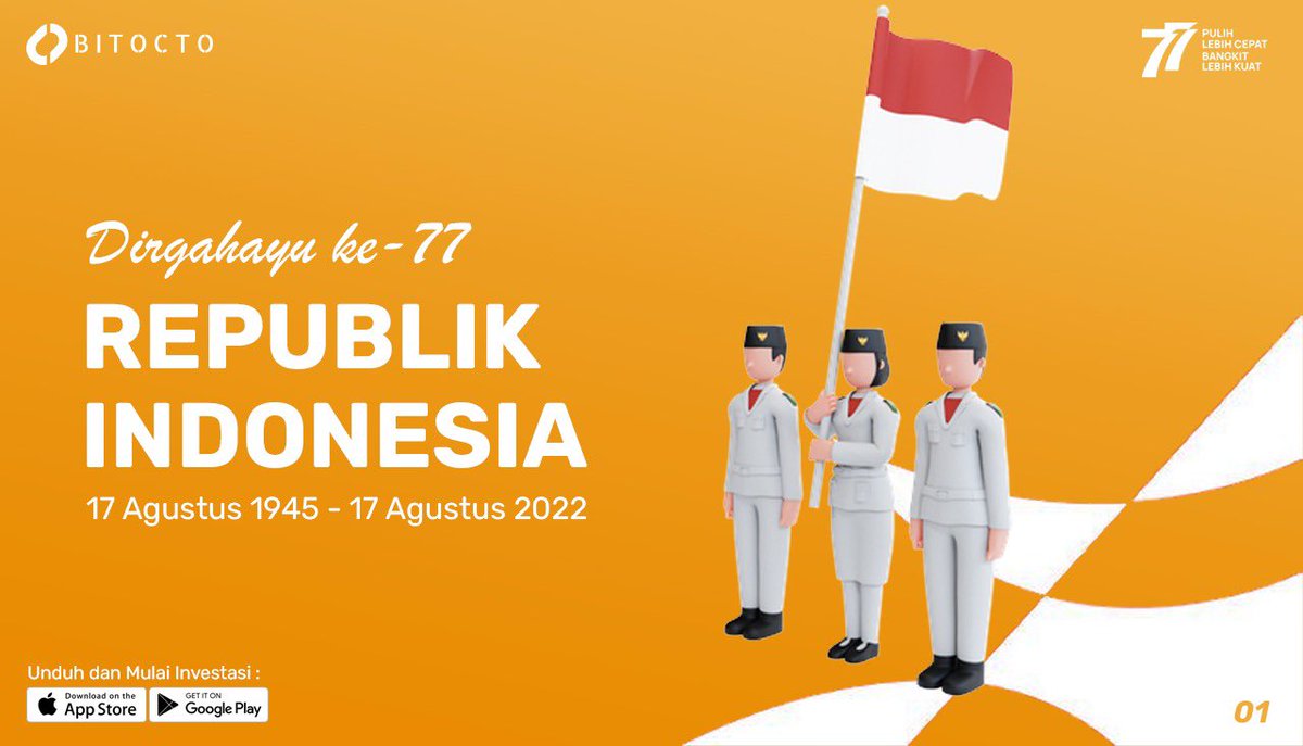 BitoctoExchange's tweet photo. Dirgahayu ke-77 Republik Indonesia. Sekali merdeka, tetap merdeka! 🇮🇩

#merdeka #Indonesia #17agustus https://t.co/JOuWmAZ5PF