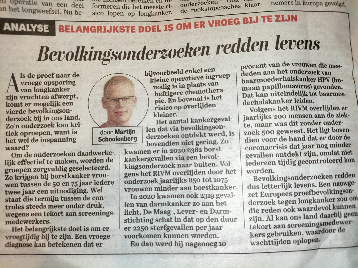 leeflang_m's tweet photo. Groot nieuws in De @telegraaf over #longkankerscreening, zonder ook maar één kritische kanttekening. 

Ja, screening leidt tot meer diagnoses en meer behandeling, maar niet per sé tot meer overleving. Ooit van #preventieparadox gehoord? Of #overdiagnose? #foutpositieven? https://t.co/eLWqgtLFW8