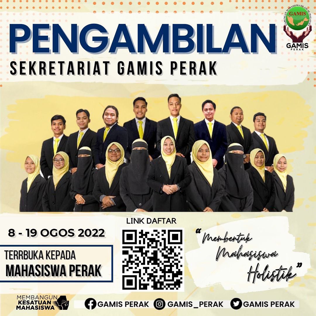 gamisperak's tweet photo. 🔰 PENCARIAN SEKRETARIAT GAMIS PERAK DIANJAKKAN ✨

Sahabat2 jom sertai pencarian sekretariat Gabungan Mahasiswa Islam Se-Malaysia (GAMIS) Perak yang dianjakkan sehingga 19 Ogos.

🖇️ Link pendaftaran  :https://t.co/2vbpFlvyOd

#MembentukMahasiswaHolistik https://t.co/PVkFSttDlZ