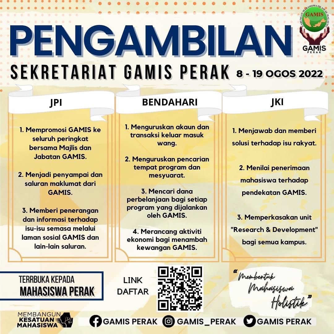gamisperak's tweet photo. 🔰 PENCARIAN SEKRETARIAT GAMIS PERAK DIANJAKKAN ✨

Sahabat2 jom sertai pencarian sekretariat Gabungan Mahasiswa Islam Se-Malaysia (GAMIS) Perak yang dianjakkan sehingga 19 Ogos.

🖇️ Link pendaftaran  :https://t.co/2vbpFlvyOd

#MembentukMahasiswaHolistik https://t.co/PVkFSttDlZ