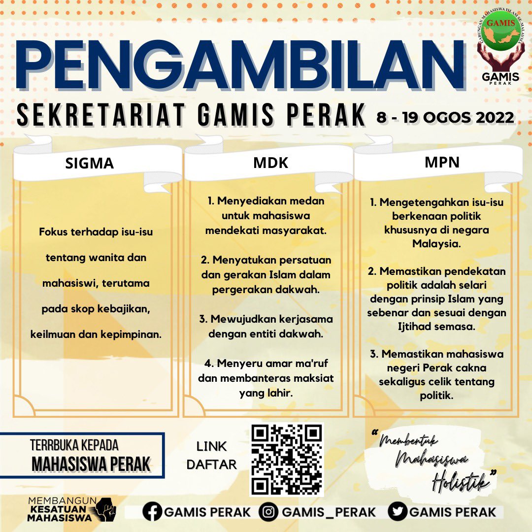 gamisperak's tweet photo. 🔰 PENCARIAN SEKRETARIAT GAMIS PERAK DIANJAKKAN ✨

Sahabat2 jom sertai pencarian sekretariat Gabungan Mahasiswa Islam Se-Malaysia (GAMIS) Perak yang dianjakkan sehingga 19 Ogos.

🖇️ Link pendaftaran  :https://t.co/2vbpFlvyOd

#MembentukMahasiswaHolistik https://t.co/PVkFSttDlZ
