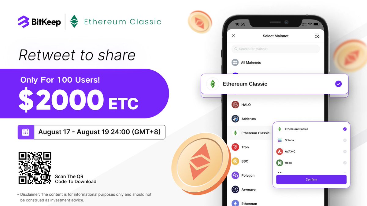 BitgetWallet's tweet photo. 🔥#BitKeep X @eth_classic Airdrop

💰Complete tasks in gleam to share $2000 #ETC

📅Time: 08.17 -08.19, 24:00(GMT+8)

📌Like, Follow, RT, tag 3 ppl

👉Rewards will be distributed to #BitKeep  $ETC(#EthereumClassic) within 5 working days after  event ends.
https://t.co/cwZ9hjMJ50 https://t.co/HNydGARgbJ