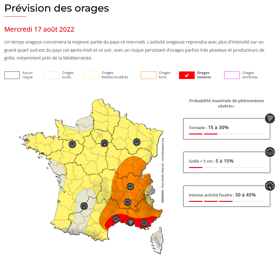 Les #orages vont se réactiver cet après-midi et ce soir sur le sud-est du pays. Ils seront parfois virulents, avec risque de #grêle et très fortes pluies, notamment de l'#Hérault au #Var. Bulletin complet : 