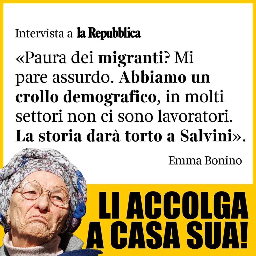 AlessioColzani's tweet photo. 🙈 KOMPAGNA #BONINO CONTRO #SALVINI: "PAURA DEI #MIGRANTI? ASSURDO, CI #SERVONO"!!!

@matteosalvinimi: "Aiutiamo gli Italiani ad assumere giovani abbassando le tasse, o la Bonino pensa ad un nuovo schiavismo di massa?"

Domenica 25 Settembre 🇮🇹 #iovotoLega 🗳️ #25settembrevotolega https://t.co/RVv897jjLr