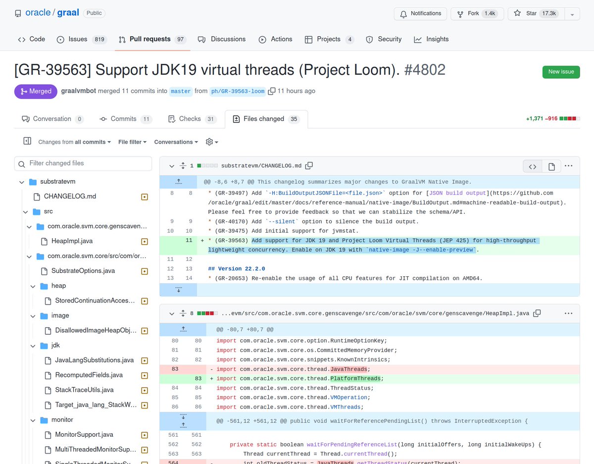 fniephaus's tweet photo. Support for #ProjectLoom Virtual Threads (JEP 425) has been merged into the @GraalVM Native Image code base! Well done, Peter Hofer and team! 🎉🚀

Currently, you have to build a JDK19-based Native Image from source, but we're working on JDK19 builds.

PR: https://t.co/ElU95H6n1m https://t.co/iNgxwkfN17