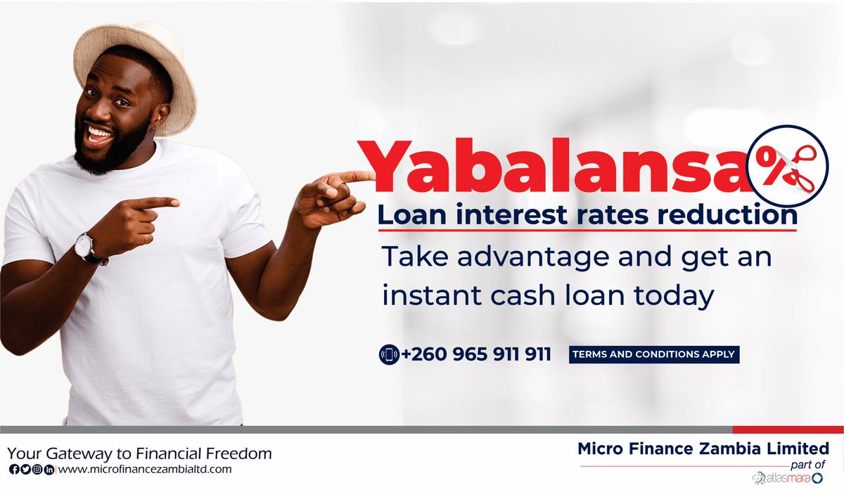 MfZltd's tweet photo. #malume don’t be left out on this offer get a Loan from Micro Finance Zambia Limited at reduced interest rates.

Visit any of our branches for more information on this offer. 

Call 
+260965911911
+260 211-291252 or
visit https://t.co/xKcZMBiYfP for more enquiries 

Ts &amp; Cs apply https://t.co/gAskdkkvam