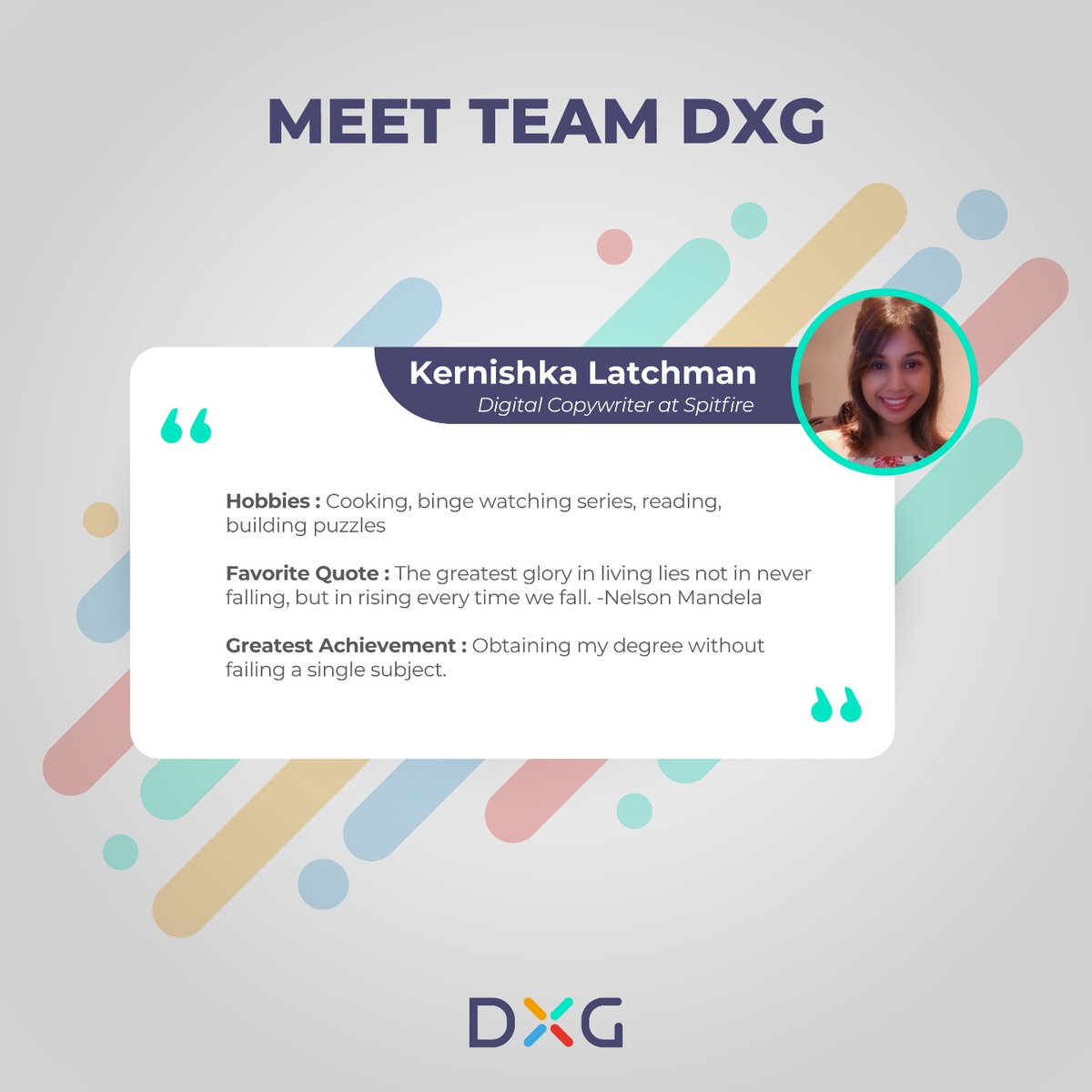DXGGroup's tweet photo. Get to know Kernishka Latchman, a Digital Copywriter at DXG’s partner agency, Spitfire!

#DXGGlobal #HubSpotSuite #MarketingAgency #InboundMarketing #HubSpot #GrowthMarketing #HubSpotPartners #DigitalAgency #MarketingStrategy #DigitalTransformation https://t.co/46B9psl18F