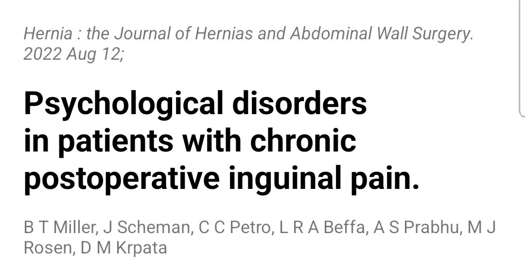 eurohernias's tweet photo. https://t.co/tUFDbUoabn Psychological disorders in patients with #CPIP.

#InguinalHernia #HerniaSurgery https://t.co/pB3Qotk0yL