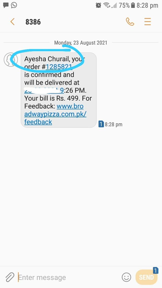 Ayeshanadeemfp's tweet photo. My brother ordered a Pizza for me(hostel) from home  and I got this message 😭
I panicked and then they called to confirm is this the order of Ayesha churail
What can be more embarrassing than this 🥲. https://t.co/4sSVLQGmUs