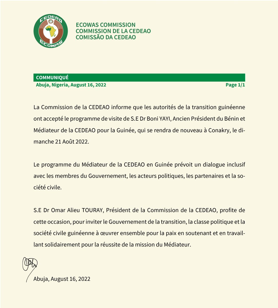 Communiqué de la CEDEAO sur la Guinée. 16 août 2022