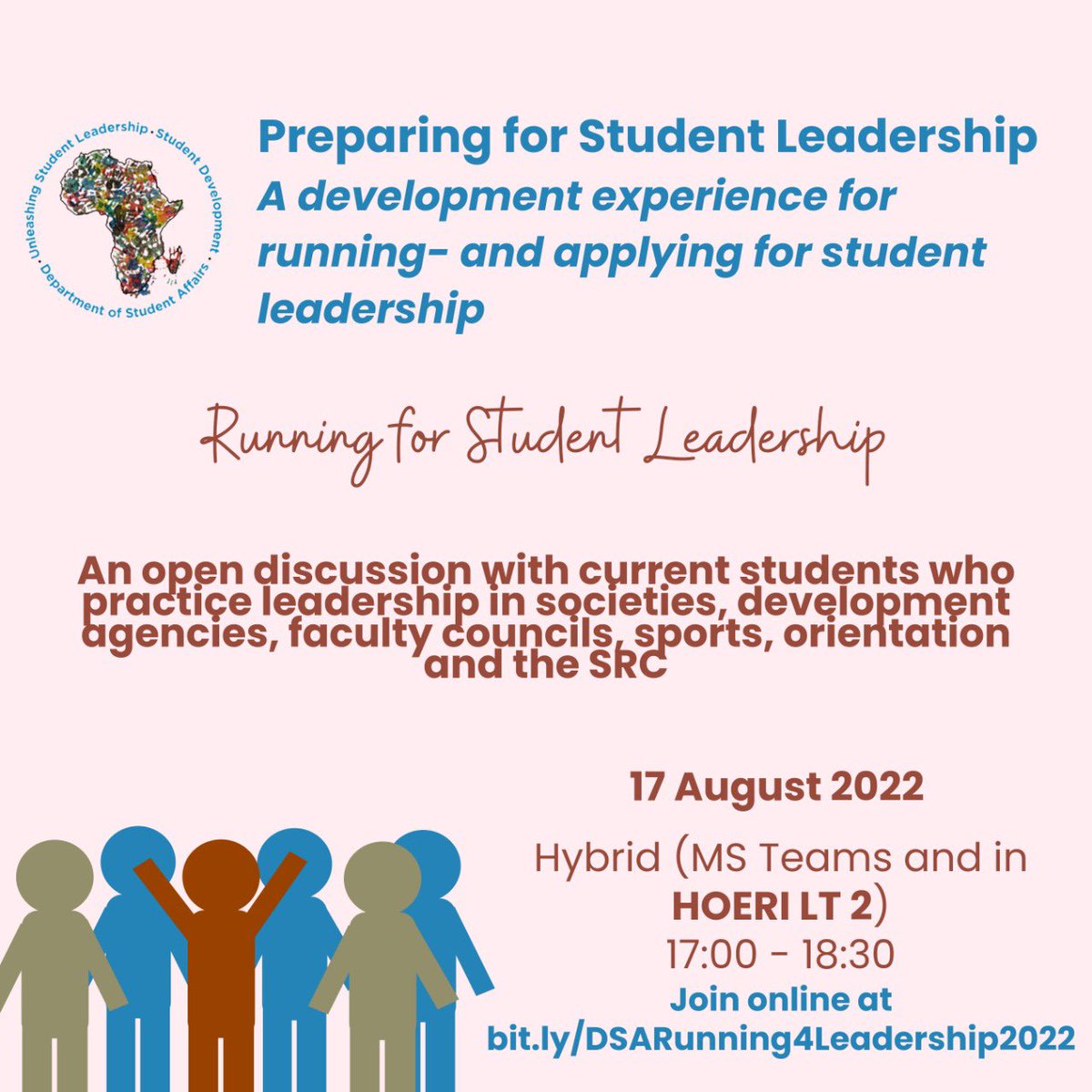 UCTStud_Dev's tweet image. Reminder of tonight’s session on running for Student Leadership! Come find out about the leadership opportunities at #UCT! #studentleaders #UCTStudents #grow #unleash #DSAprep4SL2022