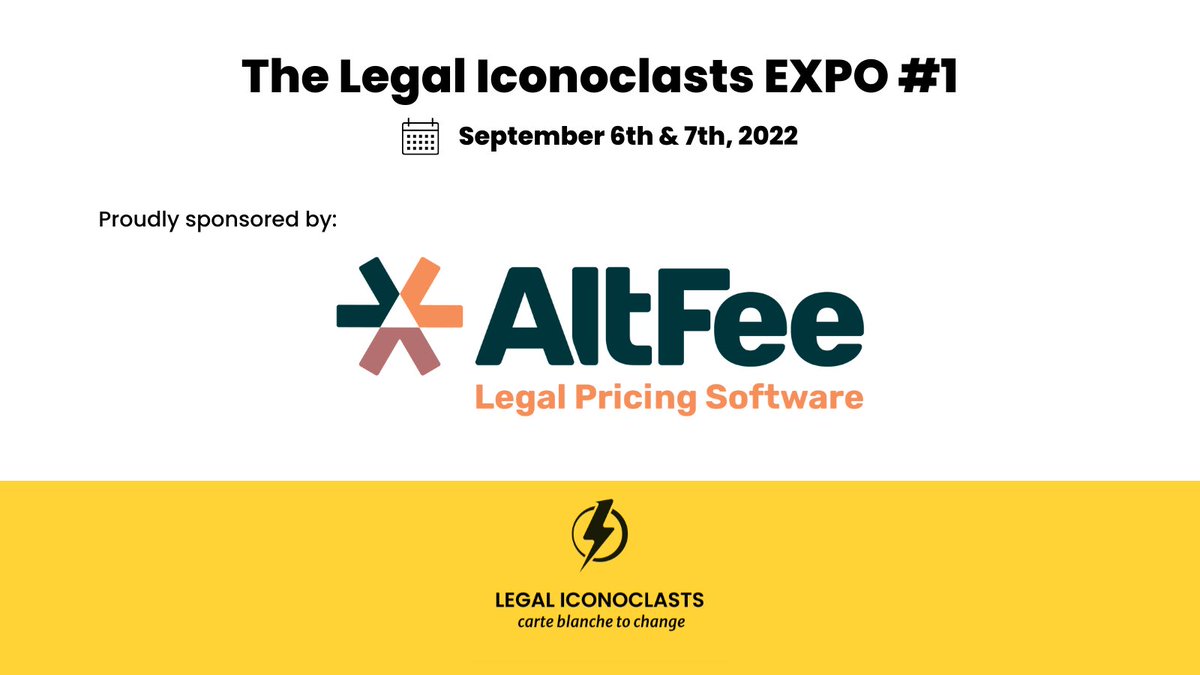 LIconoclasts's tweet photo. Law firms have more incentive than ever before to move to alternative fee arrangements (AFAs) or #valuebasedpricing methods. @altfeeco can help which is why we're proud to have them as a #IconoclastsExpo22 sponsor 🙌. Discover more, https://t.co/1h6eFpHoQm https://t.co/YnaMjjDhNF