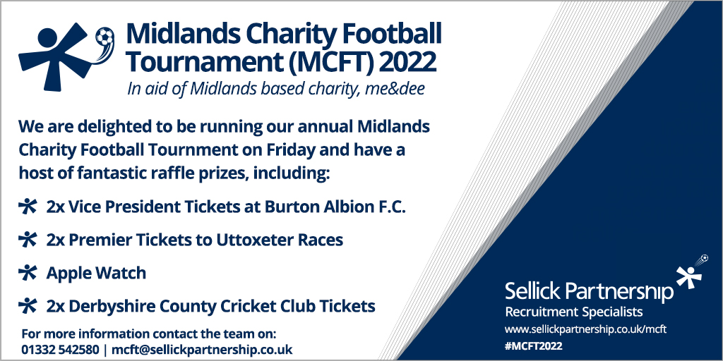 SellickGroup's tweet photo. Our Midlands Charity Football Tournament takes place this Friday in aid of @MeandDeeUK. We will be holding a raffle with prizes including: tickets to @DerbyshireCCC, @burtonalbionfc and @UttoxeterRaces, an @Apple Watch, passes for the @Nat_Ice_Centre and many more! https://t.co/Z4vxDHhCMW