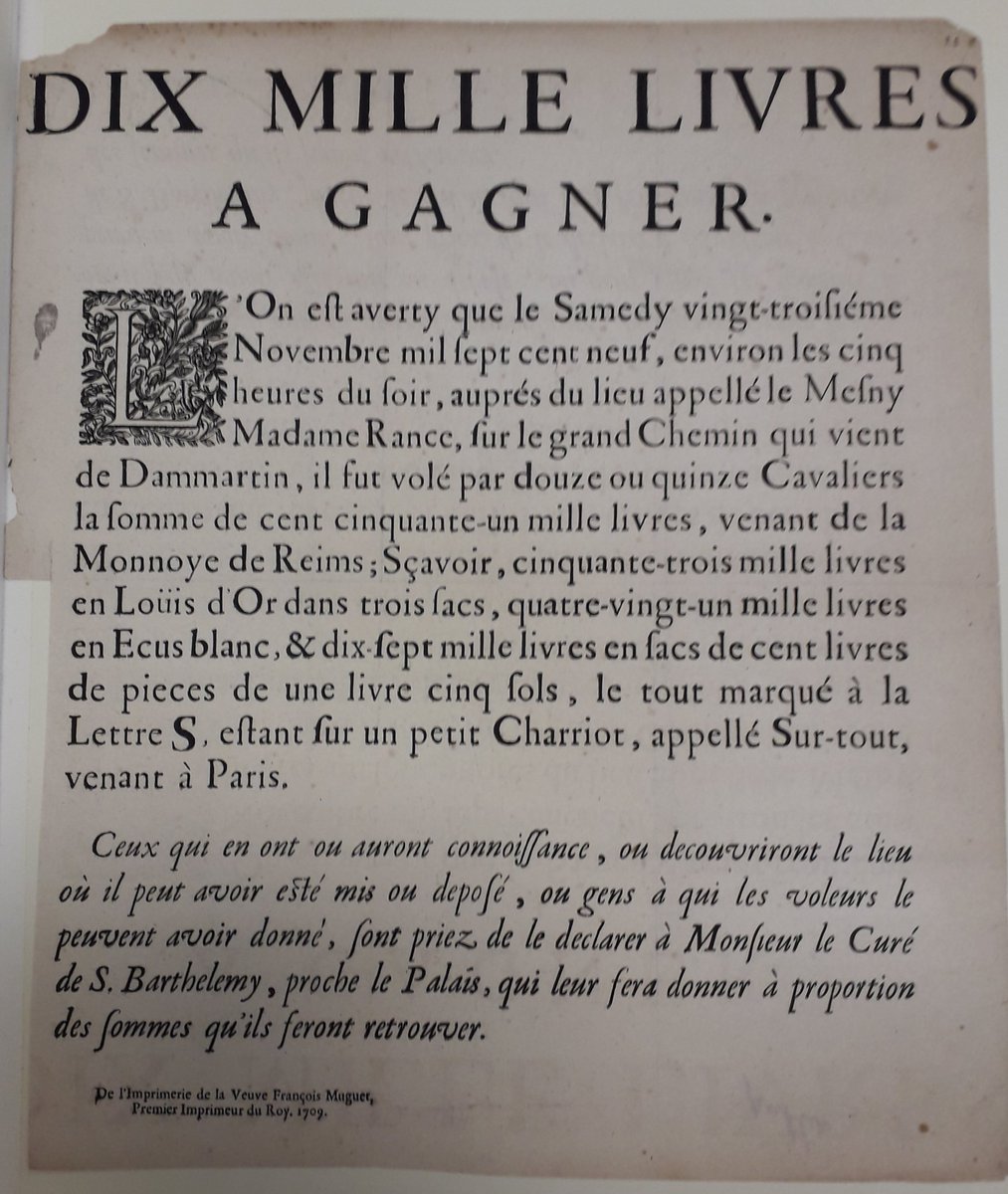 #WANTED💰💰💰

Apparemment le casse du siècle, mais en 1709.

🚨Près de Mefny Madame Rance (aujourd'hui le Mesnil-Amelot, 77), 12 ou 15 🏇 se sont emparés de 151 000 livres en or et en argent venant de l'atelier de #Reims.🚨

#numismatics <a href="/laBnF/">La Bibliothèque nationale de France</a>
