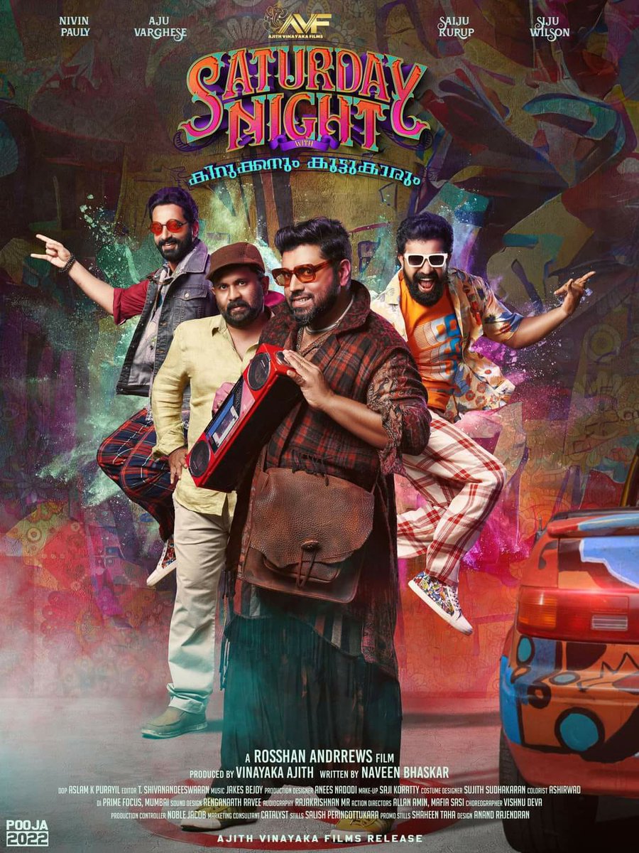 Nivin_achayanfc's tweet photo. Here comes Stanley &amp; Friends. 
The #FirstLook poster of #SaturdayNight - a tale of friendship, love, &amp; laughter by #rosshanandrrews. #AjithVinayaka #Sareth #NaveenBhaskar @AjuVarghesee @Siju_Wilson #SaijuKurup @SaniyaIyappan_ @GraceAntonny #MalavikaSreenath https://t.co/kYpZabcEsE