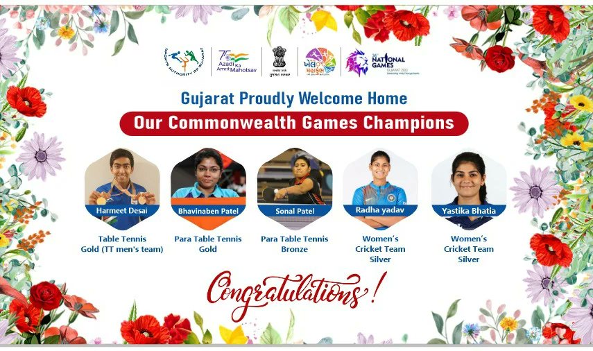 sagofficialpage's tweet photo. Congratulations to all the players from Gujarat for making India proud at Commonwealth Games.

Best wishes 👍 https://t.co/tTxDvJ2knX