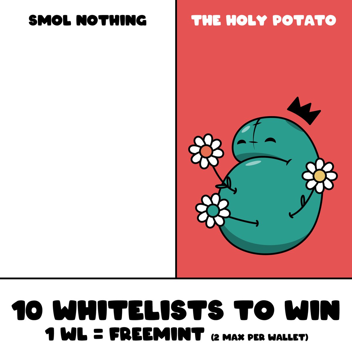 smol_nothing's tweet photo. RT + Follow @ThePotato_NFT and @smol_nothing 

Tag 3 Friends…

24 hours… Good Luck…

Also, "Smol Nothing" holders will be given a whitelist as a guarantee.  Snapshot will be taken at any time.
#FreeMintNFT #avax https://t.co/NorXEzvVO5