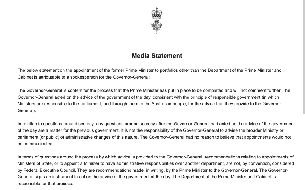 Paul_Karp's tweet photo. Governor general dumping Morrison in it over secrecy: "The GG had no reason to believe that appointments would not be communicated."
#auspol https://t.co/FMGwL4vI77