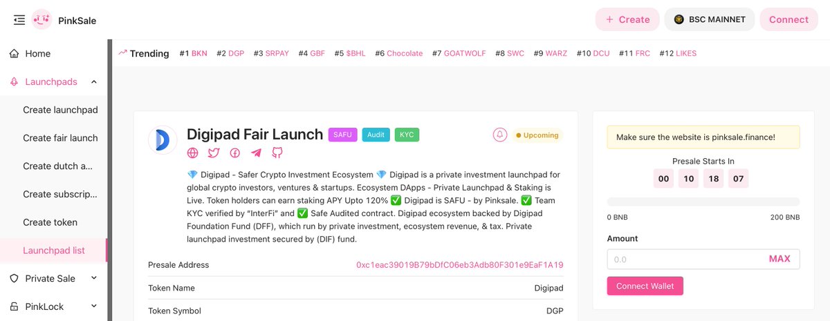 🔥Digipad Fairlaunch Starts Today - UTC 17 🔥

🚀 Trending #2 On Pinksale Now 🚀

🌸 Fairlaunch Link: pinksale.finance/launchpad/0xc1…

🎯 Listed On: 
💎 CoinMarketCap: coinmarketcap.com/currencies/dig…

🐸 CoinGecko: coingecko.com/en/coins/digip…

#DGP #binance #BSCGems #CoinMarketCap #BinanceSmartChain