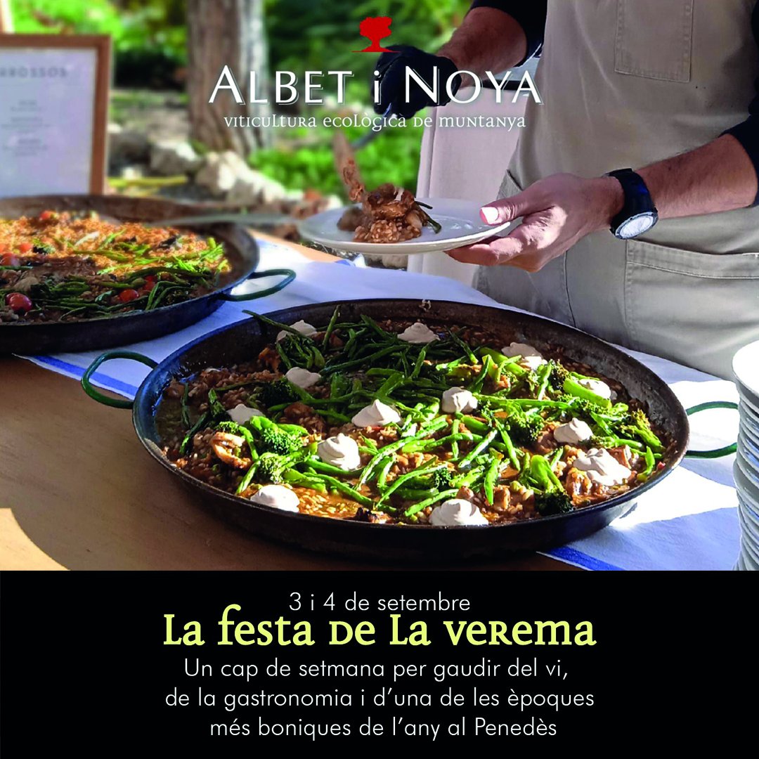 Vine a la Festa de la Verema a Albet i Noya!
Dissabte 3.
👉Caminada enogastronòmica amb <a href="/CARAMCARAMMM/">CARAM CARAM</a> 🍷🚶‍♀️
👉paella popular amb música en viu  🥘🎶
Diumenge 4. Pícnic al teu aire per la finca! Sold out!!
RESERVA la teva plaça  albetinoya.cat/shop/producte/…