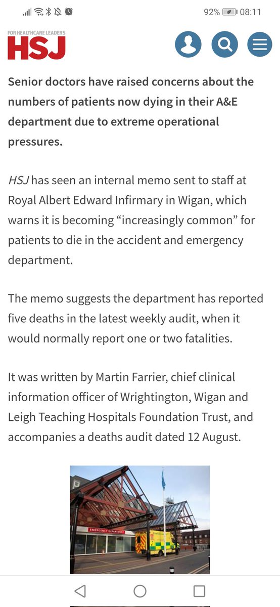 Internal memo seen by HSJ warns of ‘increasingly common’ deaths in A&amp;E due to severe pressures on services. 

Senior Docs at Wigan hospital have raised concern over 5 deaths in the last week, when they would normally see 1 or 2.

🧵 hsj.co.uk/wrightington-w…