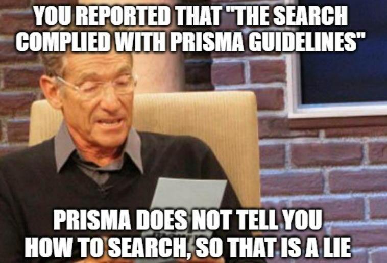 SRLibProblems's tweet photo. Your search cannot comply with #PRISMA because PRISMA does not tell you how to search. 

But, your search reporting should comply with PRISMA.  

Refer to standards and guidelines accurately! 

#SystematicReviews https://t.co/HbzPHAG3yf
