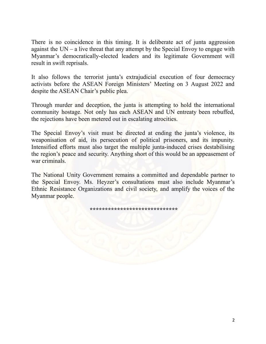 The UN Special Envoy’s visit must be directed at ending the junta’s violence, its weaponisation of aid, its persecution of political prisoners, and its impunity. Anything short of this would be an appeasement of war criminals. 

Our full statement below: