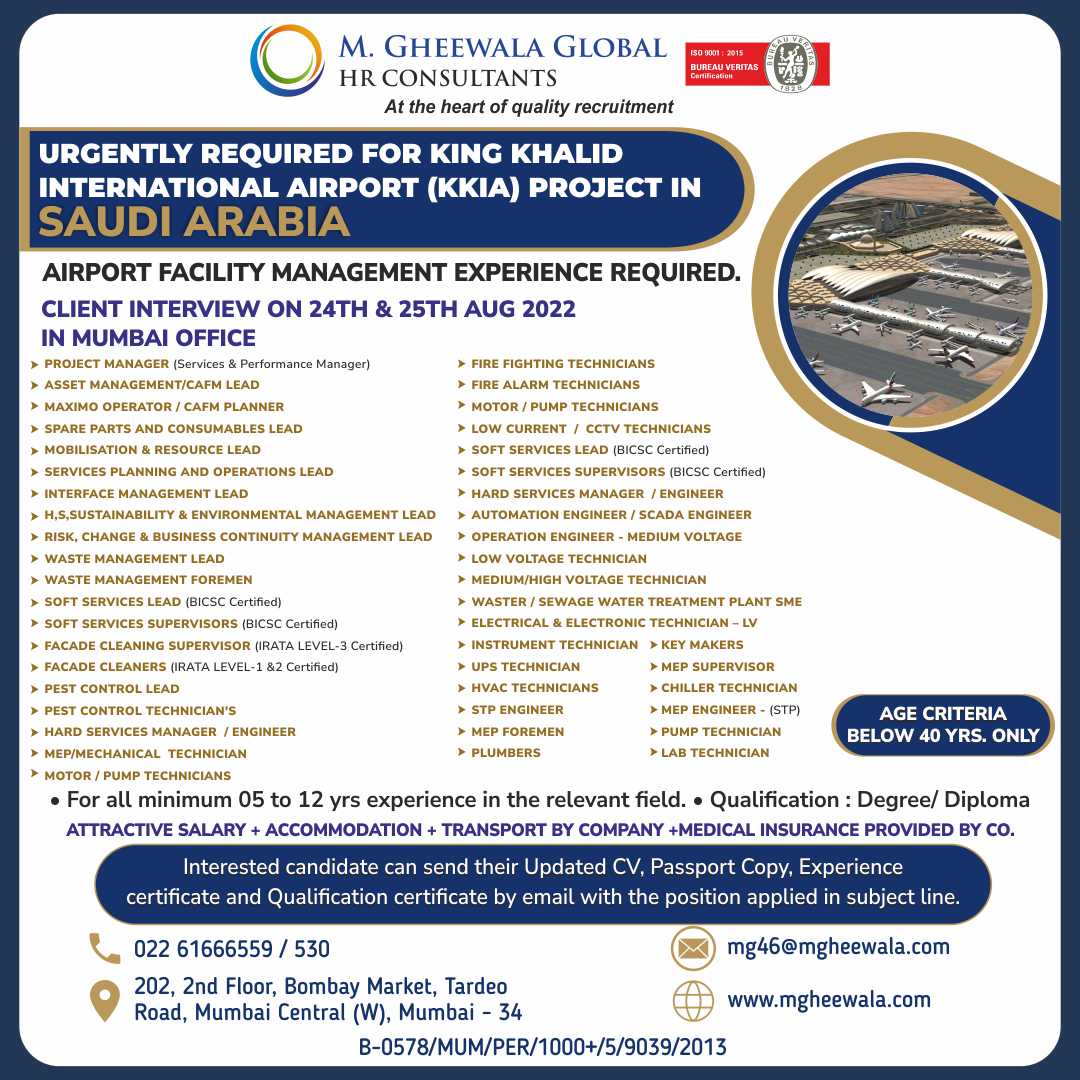 mgheewala_hrc's tweet photo. Job Vacancies for #SaudiArabia
Interested Candidates can send the updated resume to mg46@mgheewala.com
Learn More https://t.co/Ps4bxvjpD1
#projectmanager #assetmanagementlead #maximooperator #sparepart #resourcelead #interfacelead #wastemanagement #airportfacilitymanagement https://t.co/LRg7IpF0Jm