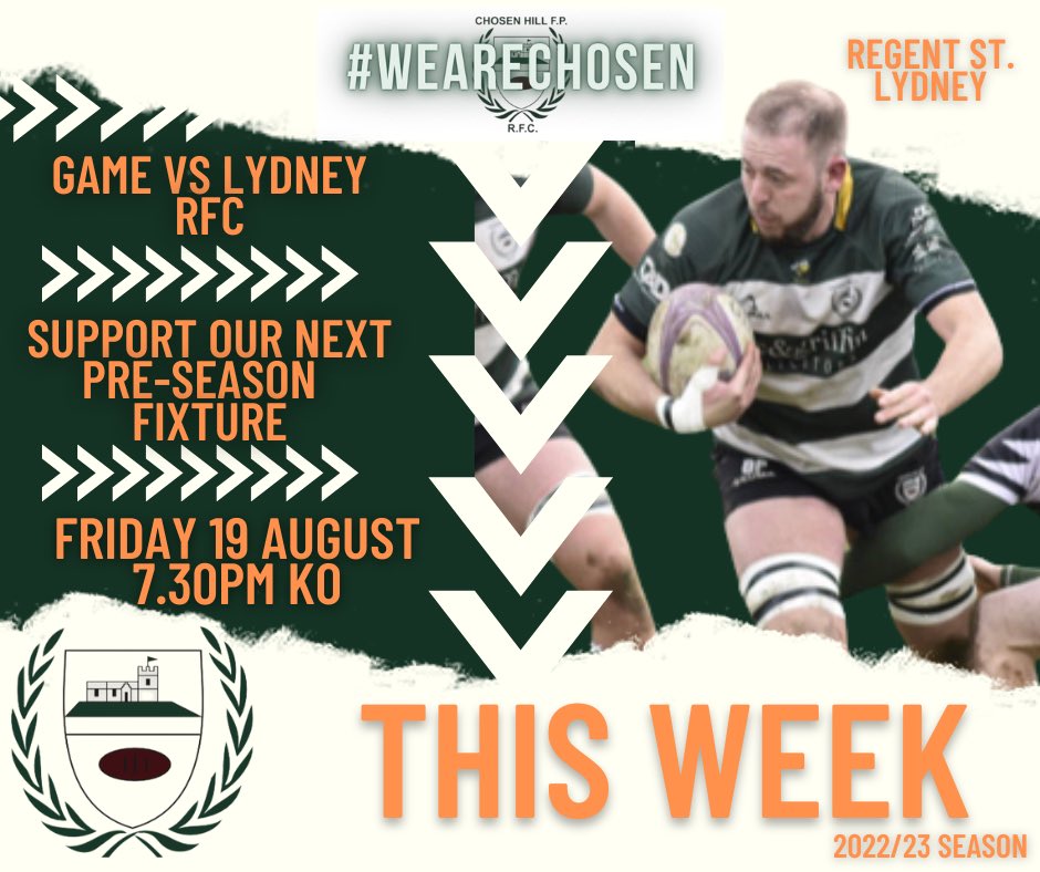 CHFPRFC's tweet photo. 🏉 Support our next pre-season fixture 🏉
📍 Away 🆚 @lydney_rfc 
🗓 Friday, 19 August 
⌚️ 7.30pm KO 
#WeareChosen https://t.co/UTCK2vaTnP