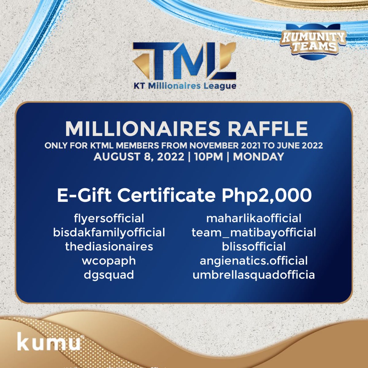 What's up Teams!

Sabay sabay natin i-Congratulate ang mga teams na nanalo sa ating Millionaires Raffle na ginanap last August 8, 2022! 

Kaya earn more diamonds at sumali sa ating pa challenge at baka sa susunod na Millionaires Raffle, isa ang team niyo sa manalo! 🤗

#KTML