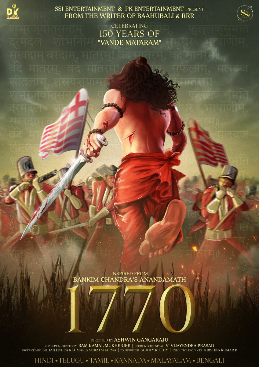 1770Movie's tweet photo. A Big budget periodic action drama #1770Movie from the writer of Baahubali &amp; RRR

Releasing in 6 Indian languages

@vvprasadwrites @ashwingangaraju @ramkamal @shhailendrakku1 @sujoyysrk @buddykrishna @1770Movie 

#150YearsVandeMataram 
#Anandamath https://t.co/MKmfUzSJTK