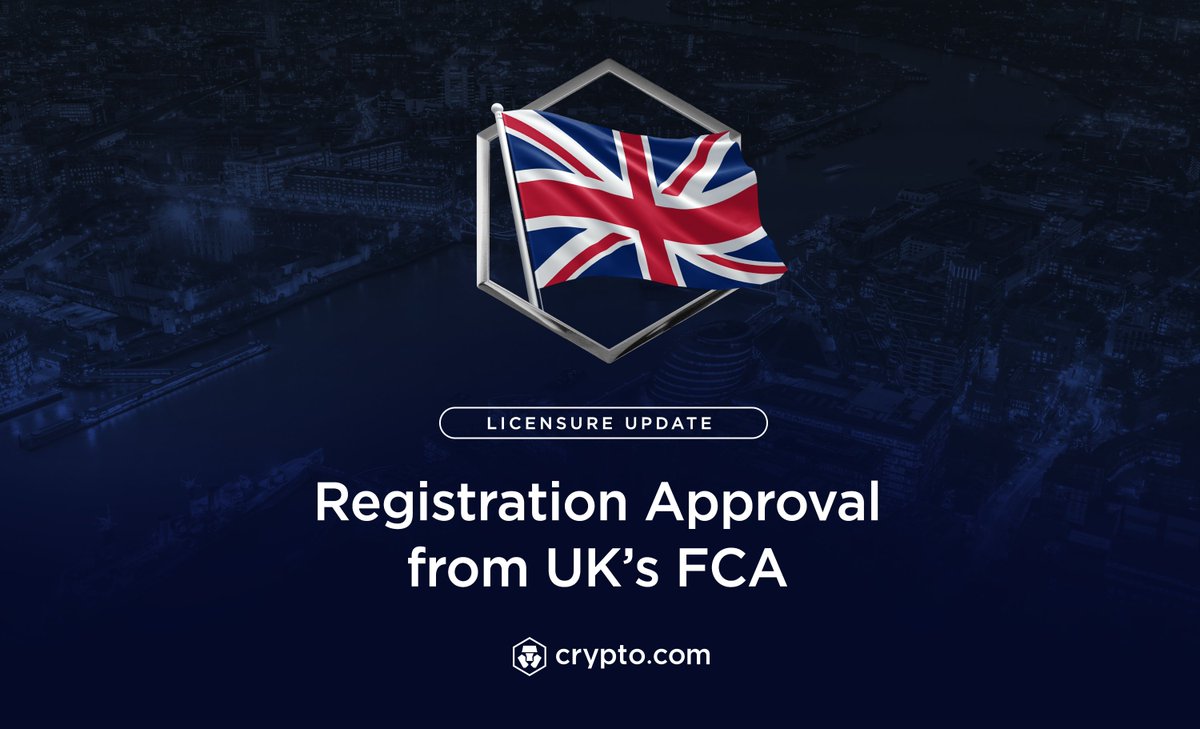 cryptocom's tweet photo. We’re excited to share that we've received regulatory approval in another key global jurisdiction, this time from the UK's Financial Conduct Authority (FCA) 🇬🇧

We'll work hard to support the UK’s vision to become a global crypto hub.

Full Details 👇
https://t.co/0OWgJifa4p https://t.co/0rFVcYkjvY
