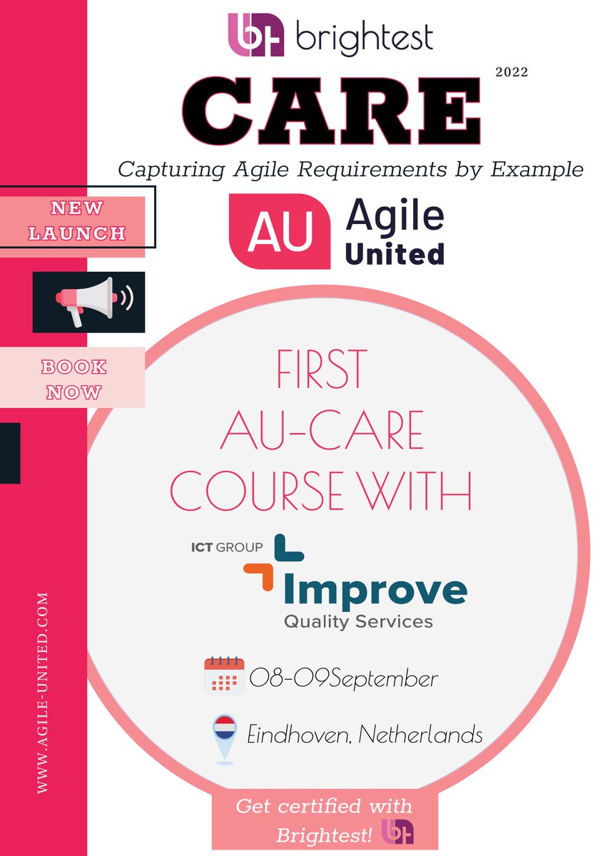 🎯OUR FIRST COURSE in  Agile United - Capturing Agile Requirements by Example (CARE): agile-united.com
👉ENROLL NOW and BE CERTIFIED with @BRIGHTEST: brightest.org/en/
SAVE THE DATES:
💡08-09 September in NL
💡03-04 October in EN
💡07- 08 December 2022 in EN