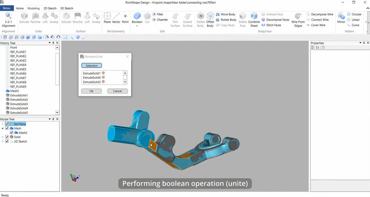 PointshapeS's tweet photo. How to unite solids into one body with the Boolean feature of PointShape Design?

1. Click Boolean and choose an option of Unite.
2. Select all solid bodies and hit the "Ok".

#reverseengineering
#3D_Scanning
#engineeringchallenge https://t.co/nEOA8bC7Rm