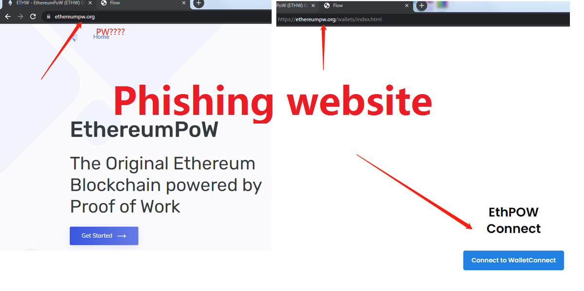 EthereumPoW's tweet image. Be aware of this phishing website. We'll never ask you to connect your wallet!!!
The real website is EthereumPoW.org with an O in there.