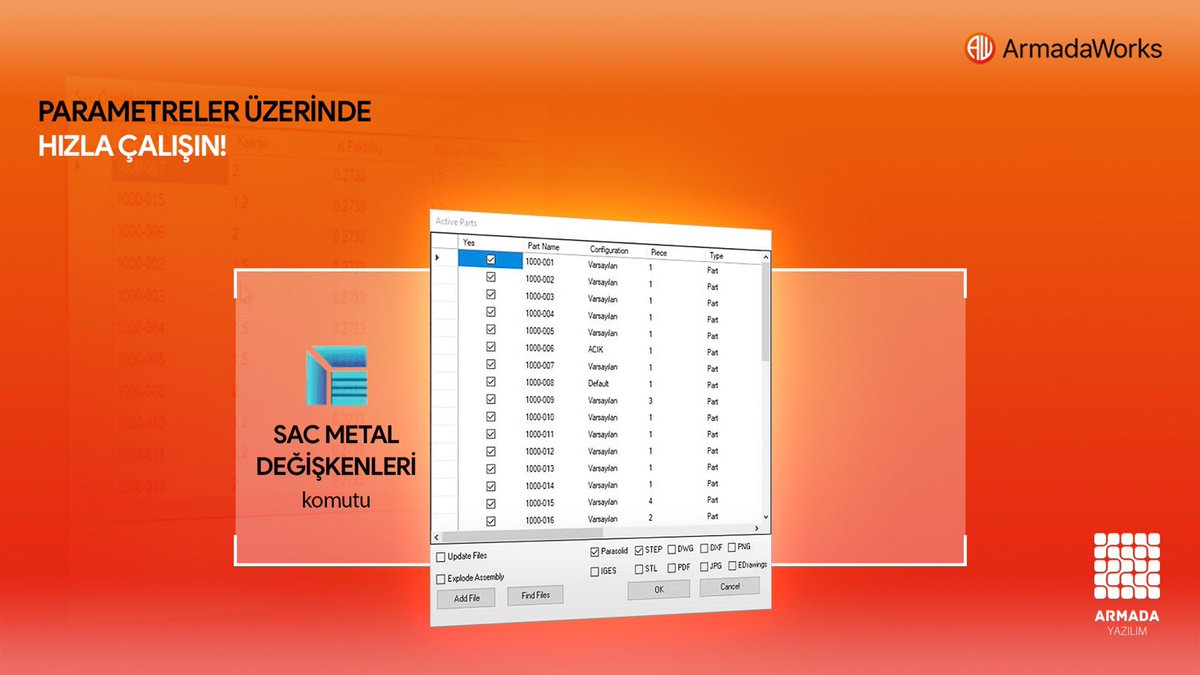 ArmadaYazilim's tweet photo. Sac Metal Değişkenleri komutu, tasarımınızdaki sacları listeleyerek k faktörü büküm radüsü ve kalınlık parametrelerini sizlere sunar. Böylece bu parametreler üzerinde hızlıca değişiklik yapabilirsiniz. 

#ArmadaYazılım #HepDahaFazlası #ArmadaWorks #SacveMetalDegiskenleri https://t.co/dTHyoaAIA8