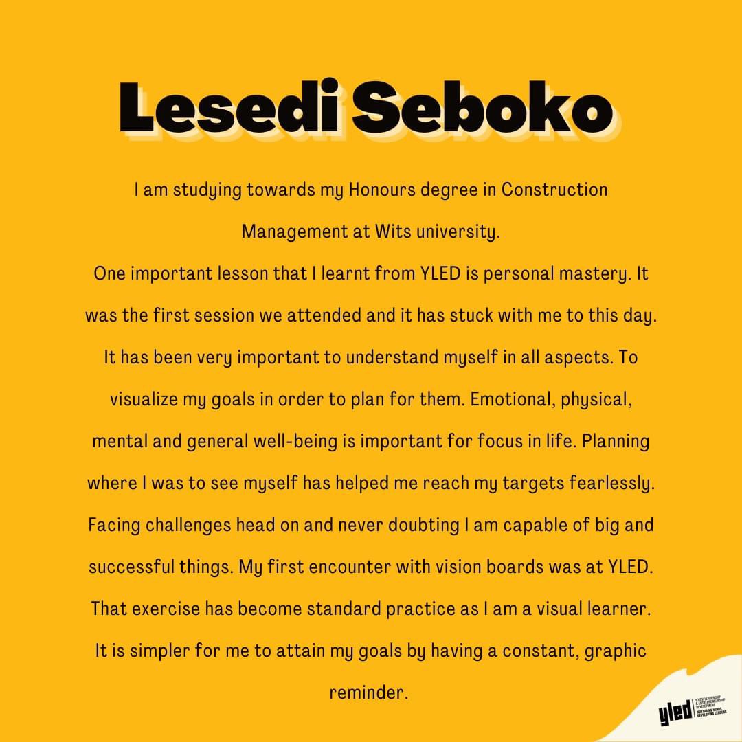 yledsa's tweet photo. Alumni Spotlight ~ Lesedi Seboko

#yledsa #ChangingTheTide #youthdevelopment #alumni https://t.co/AVjwzTVajO
