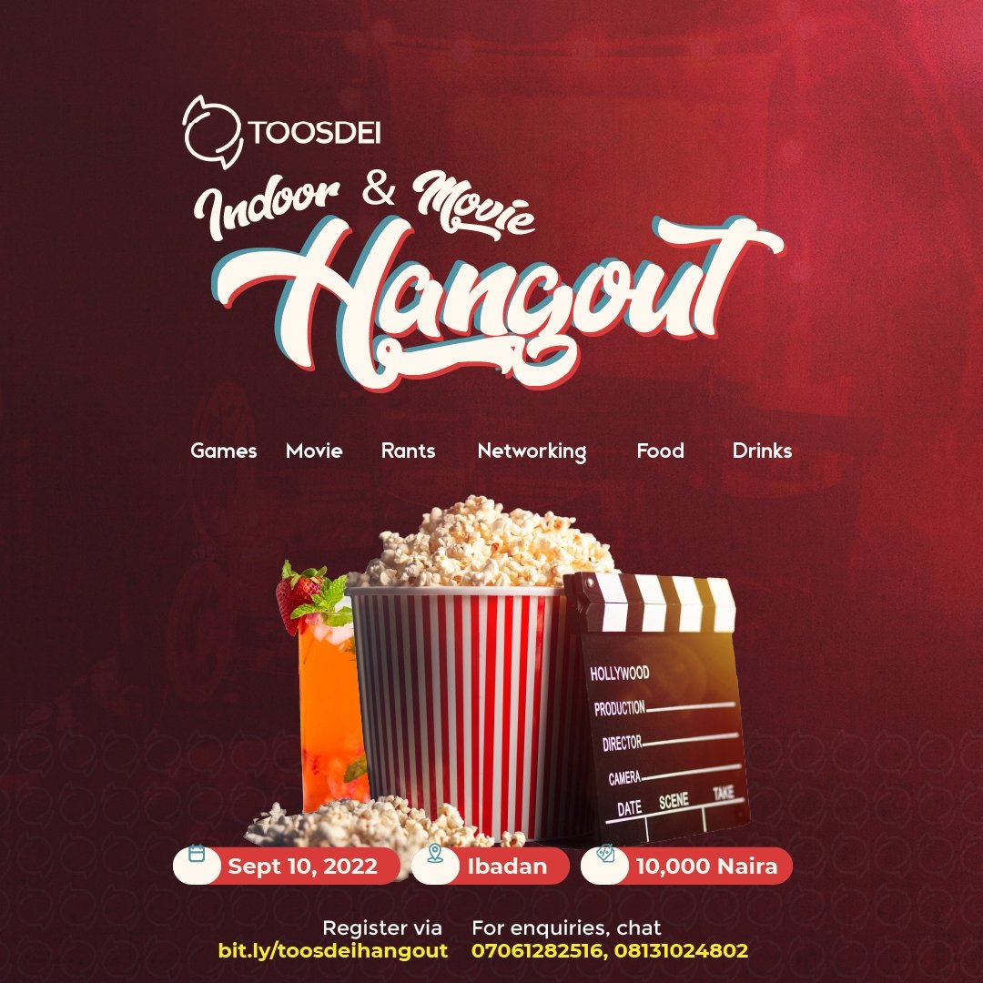 Toosdei_space's tweet photo. Announcing our first edition of #Toosdei Indoor and Movie Hangout. ☺

Join us for a day to #refresh and #refuel

DM to register or visit https://t.co/1WeLaUw2C7 https://t.co/HMdIxGeKtu