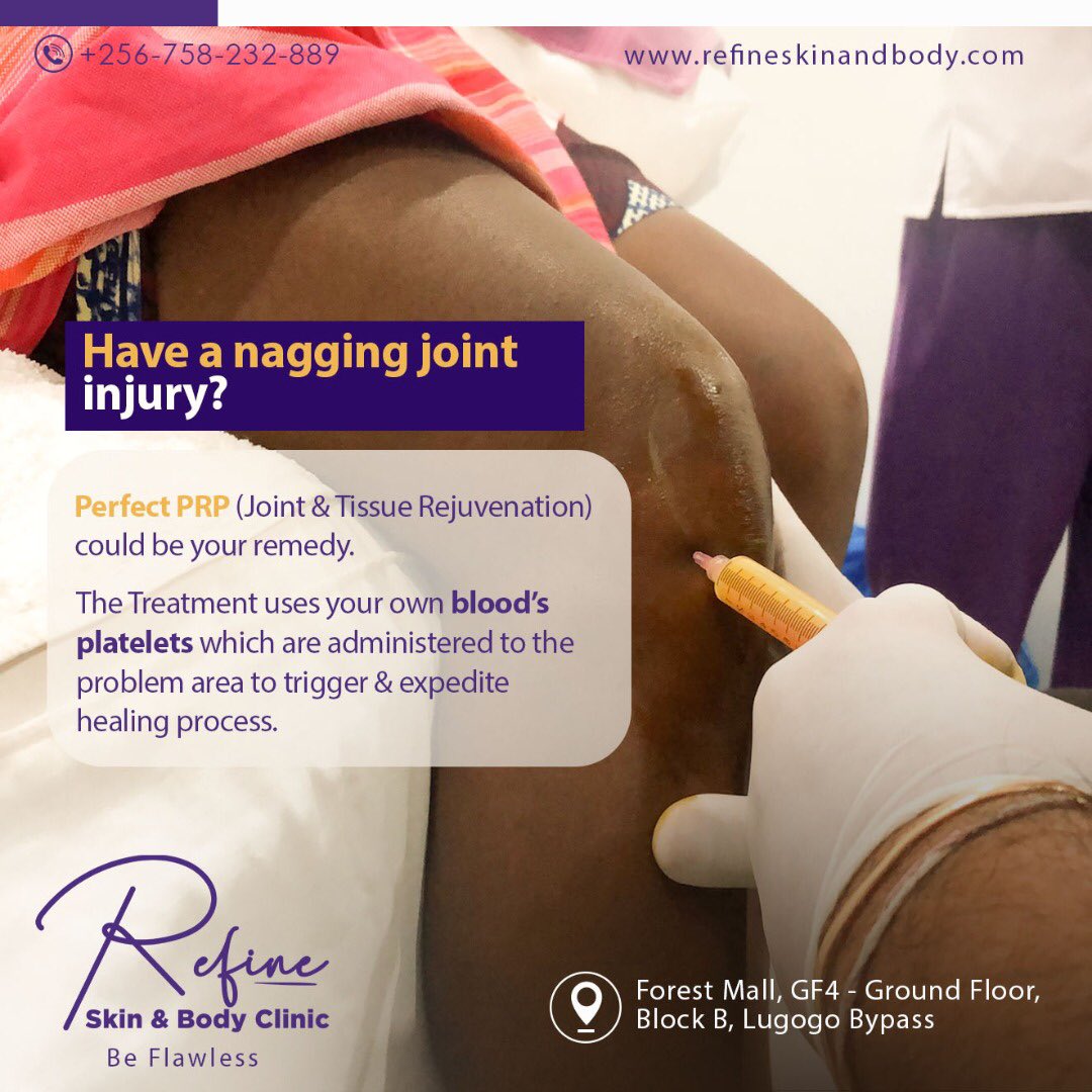 RefineClinicUG's tweet photo. Have a nagging joint injury?
Wave it goodbye with our Perfect PRP (Joint Tissue Rejuvenation) today.
This treatment uses your own blood’s platelets to heal you!
Bookings: 0758 232 889
🔗 https://t.co/ggM20MEyUT
#BeFlawless #TissueRejuvenation #PerfectPRP #JointPainRelief https://t.co/OSwg8Gk53n