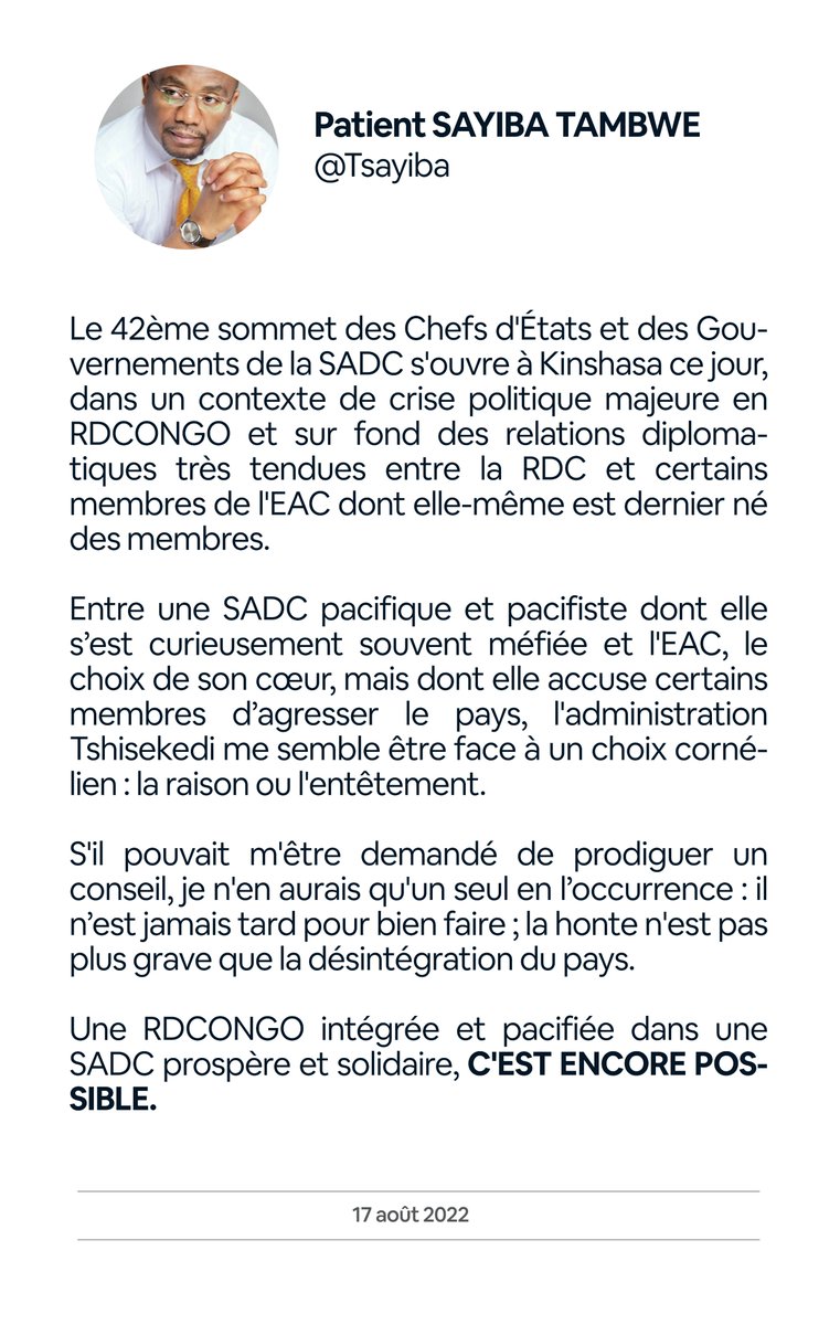 TSayiba's tweet photo. Une RDCONGO intégrée et pacifiée dans une SADC prospère et solidaire, C'EST ENCORE POSSIBLE.
#CestEncorePossible #ItsStillPossible #SADC #RDCongo #DRCongo #Congo #Kinshasa #RDC #DRC #Prospérité #Prosperity #Paix #Peace https://t.co/zSs1VZKacM