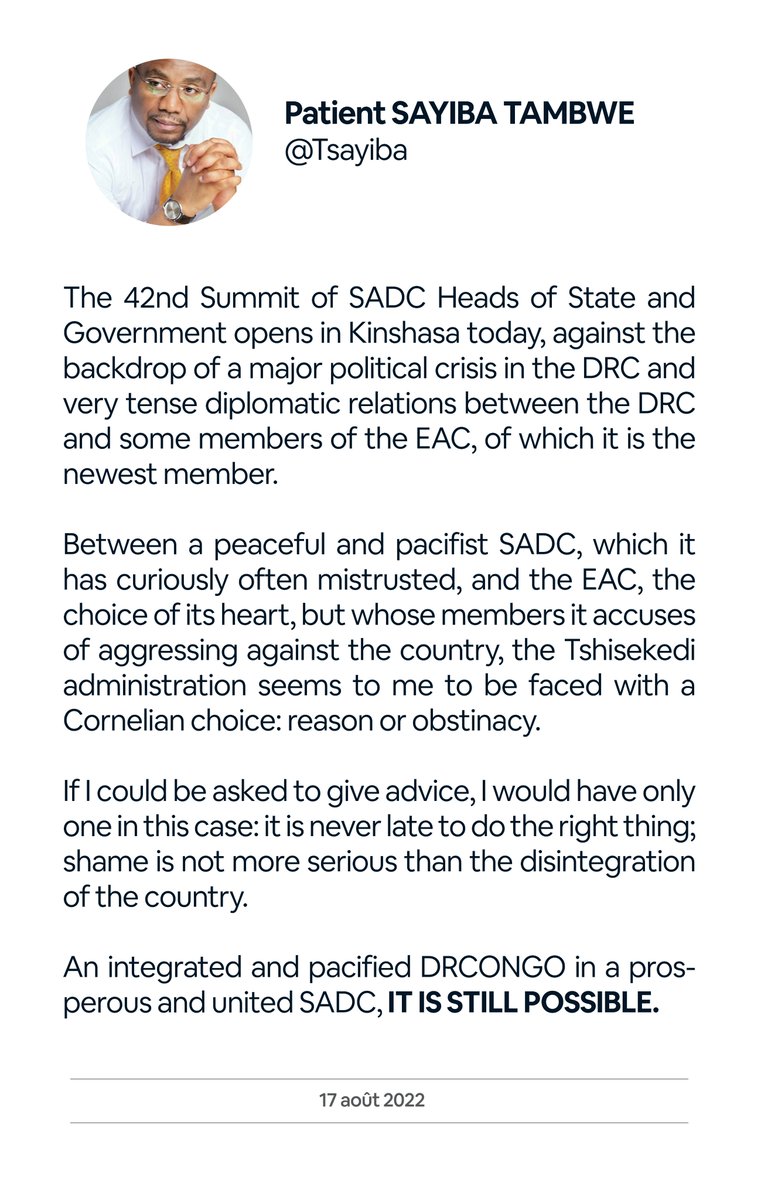 TSayiba's tweet photo. An integrated and pacified DRCONGO in a prosperous and united SADC, IT IS STILL POSSIBLE.
#CestEncorePossible #ItsStillPossible #SADC #RDCongo #DRCongo #Congo #Kinshasa #RDC #DRC #Prospérité #Prosperity #Paix #Peace https://t.co/a7rQ9G8Jas