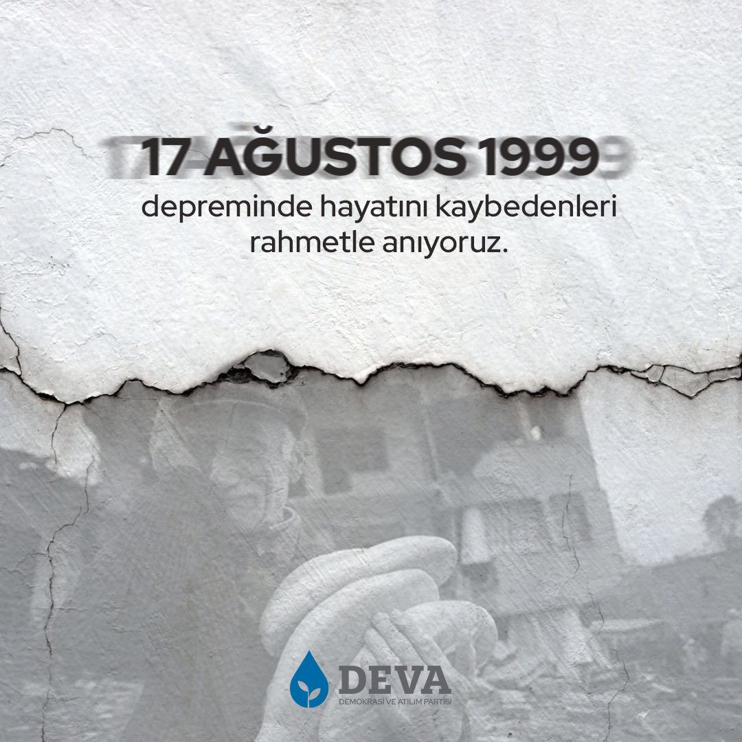 17 Ağustos 1999 depreminde hayatını kaybedenleri rahmetle anıyoruz. UNUTMADIK! <a href="/alibabacan/">Ali Babacan</a> <a href="/emin_ekmen/">Mehmet Emin Ekmen</a> <a href="/RizvanogluEvrim/">Evrim Rızvanoğlu</a> <a href="/medeniylmz/">Dr. Medeni Yılmaz</a> @mbromioglu <a href="/TopalogluHaci/">haci</a> <a href="/MahmutAkg/">Mahmut AKGÜÇ</a> <a href="/FatihsSengul/">Av. Fatih şengül</a> <a href="/MardineDeva/">Deva Partisi Mardin İl Başkanlığı</a> <a href="/gencmidyatadeva/">Midyat Sevenleri</a> <a href="/deva_kad/">Midyat DEVA Partisi Kadın Çalışmaları Başkanlığı</a>