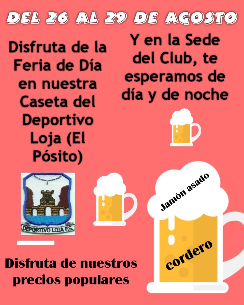 ¿Tienes ganas de Feria?
Pues en la Caseta del Deportivo Loja estaremos encantados de acompañarte en la Feria de Día con nuestros precios populares, jamón asado, cordero, y raciones variadas...
Y si quieres continuar la marcha, también estaremos en la Sede del Club!!