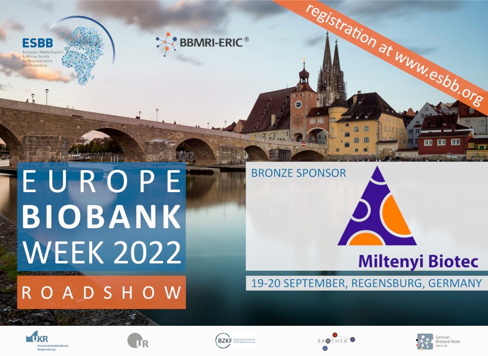 ESBBnews's tweet photo. We welcome #Miltenyi Biotech as Bronze Sponsor of the EBW22 Roadshow Event in Regensburg, 19-20 September 22, jointly organized by #ESBB and #BBMRIERIC!
To find out more about our programme and for registration follow this Link: https://t.co/OXoCE0aIQw
Register today! https://t.co/lltTl19z8r