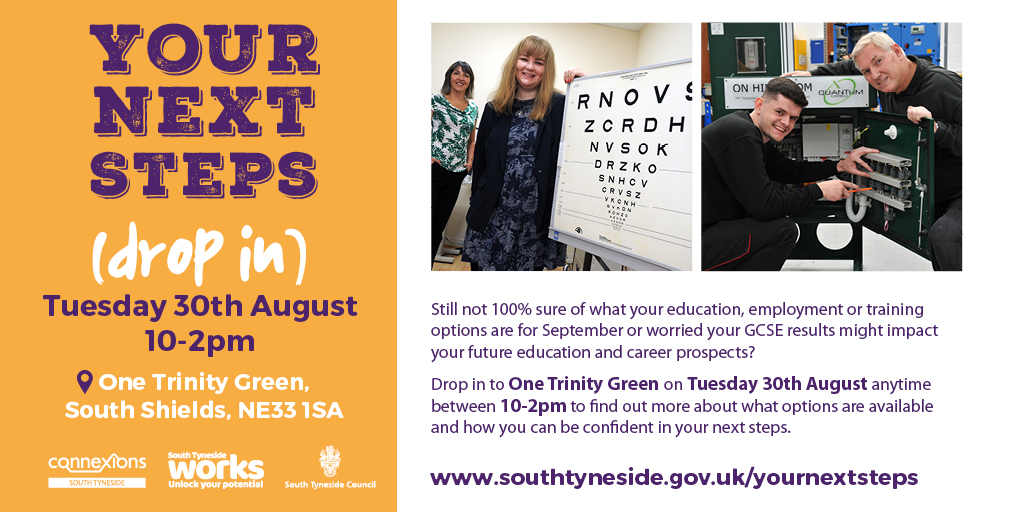 📅Save the Date - Tuesday 30th August - Your Next Steps Drop In 📅 Join Connexions, @DWP, @NorthASK & @ZenithPeople at One Trinity Green on Tuesday 30th August between 10-2pm to find out more about what education, employment & training options are available to you for September.