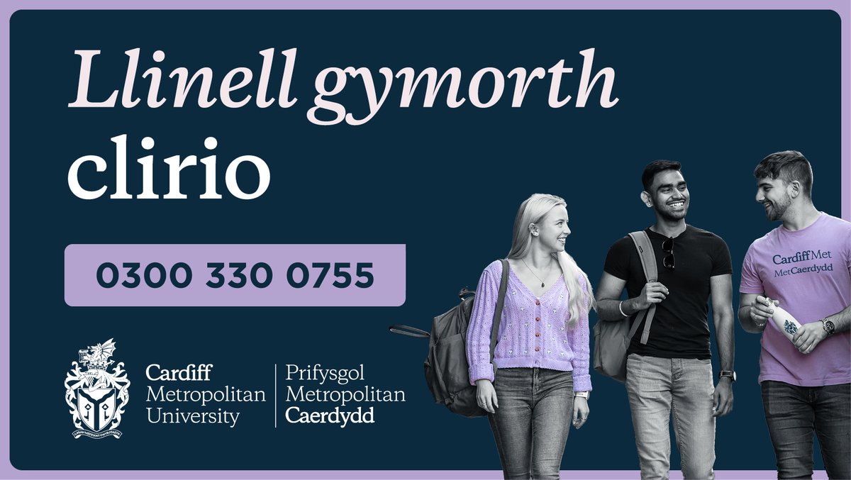 Yfory yw #DiwrnodCanlyniadauLefelA! Pob lwc i bawb sy'n cael eu graddau 🤞

Os oes angen unrhyw help neu gyngor arnoch ar #Clirio gallwch ein ffonio ar 0300 330 0755, neges uniongyrchol <a href="/CMetAdmissions/">Cardiff Met Admissions</a> neu Sgwrs Fyw gyda ni ar-lein o 8:30yb yfory: metcaerdydd.ac.uk/clirio