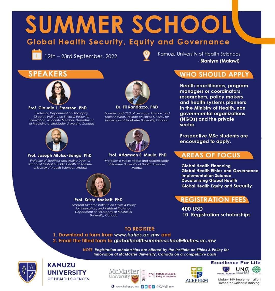 TDivala's tweet photo. If you are navigating Global Health, there is this excellently packaged opportunity at @KUHeS_mw

Having worked almost all the faculty on this poster, I can confidently say that attending this would be an investment to ur career! 

 @iepi_mcmaster @McMasterU @ACEPHEM1 @UNCMalawi https://t.co/kTgbb8L2zn